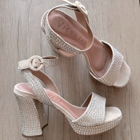 Anthropologie VICENZA Camurca Bege Diamond Gem Platform Sparkly High Heels Tan 7 - Picture 6 of 14